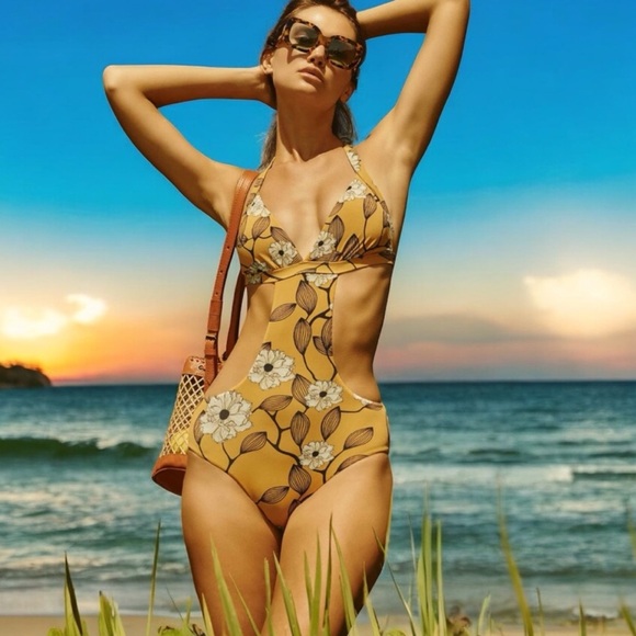 WET Swimwear Marigold Floral Monokini One-Piece Swimsuit L NWT